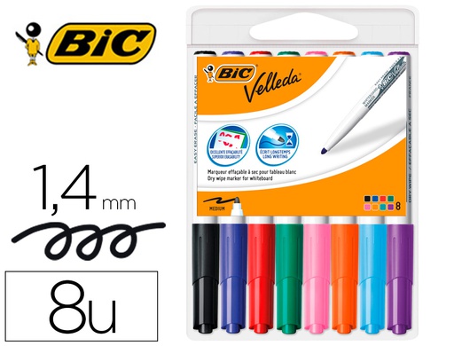 [503844 (505462)] ROTULADOR BIC VELLEDA PARA PIZARRA PUNTA REDONDA 2 MM BOLSA DE 8 UNIDADES COLORES SURTIDOS