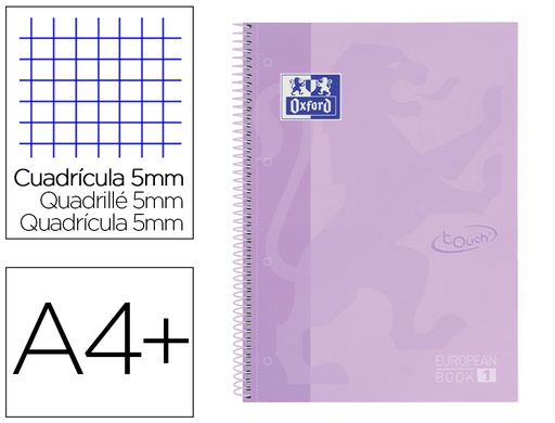 [400117273] CUADERNO ESPIRAL OXFORD EBOOK 1 SCHOOL TOUCH TE DIN A4+ 80 HOJAS CUADRO 5 MM CON MARGEN MALVA PASTEL