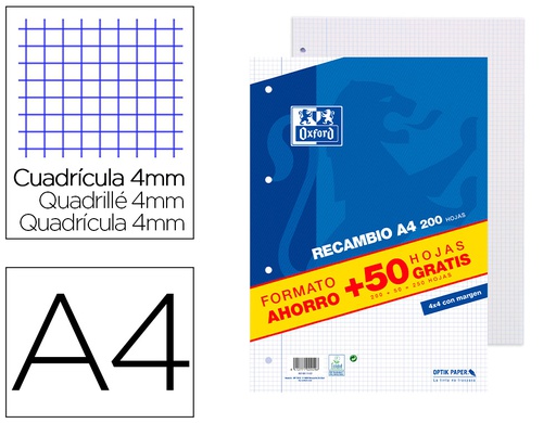 [400119437] RECAMBIO OXFORD A4 200 + 50 HOJAS GRATIS CUADRO 4 MM CON MARGEN
