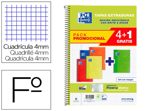 [400122761] CUADERNO ESPIRAL OXFORD TAPA EXTRADURA FOLIO 80 HOJAS CUADRO 4 MM CON PIZARRA BLANCAPACK 4+1 COLORES CLASICOS