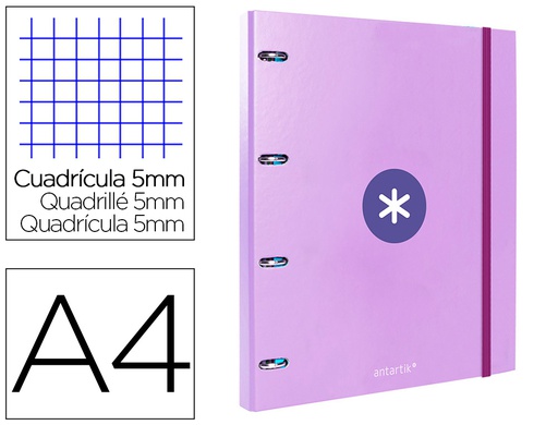 [AW61] CARPETA CON RECAMBIO ANTARTIK A4 CUADRO 5MM FORRADA 4 ANILLAS 25MM REDONDAS COLOR LAVANDA