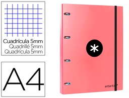 [AW59] CARPETA CON RECAMBIO ANTARTIK A4 CUADRO 5MM FORRADA 4 ANILLAS 25MM REDONDAS COLOR CORAL