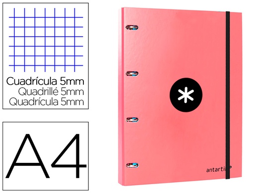 [AW59] CARPETA CON RECAMBIO ANTARTIK A4 CUADRO 5MM FORRADA 4 ANILLAS 25MM REDONDAS COLOR CORAL