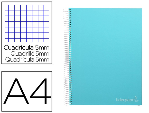 [BA27] CUADERNO ESPIRAL LIDERPAPEL A4 MICRO JOLLY TAPA FORRADA 140H 75 GR CUADRO 5MM 5 BANDAS4 TALADROS COLOR CELESTE