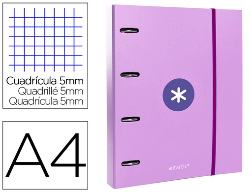 [AW58] CARPETA CON RECAMBIO ANTARTIK A4 CUADRO 5MM FORRADA 4 ANILLAS 40MM REDONDAS CON SOLAPA COLOR LAVANDA