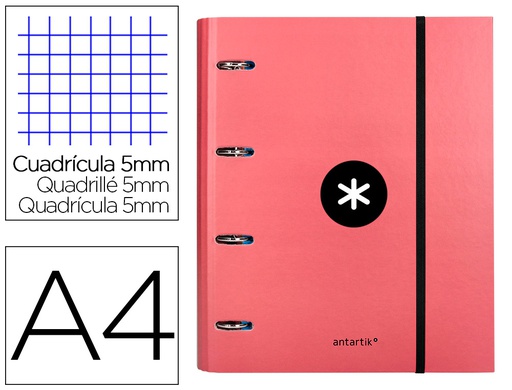 [AW57] CARPETA CON RECAMBIO ANTARTIK A4 CUADRO 5MM FORRADA 4 ANILLAS 40MM REDONDAS CON SOLAPA COLOR CORAL