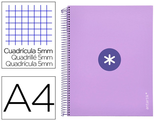 [BA73] CUADERNO ESPIRAL A4 MICRO ANTARTIK TAPA FORRADA 120H 90 GR CUADRO 5MM 5 BANDAS 4 TALADROS COLOR LAVANDA