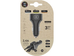 [TEC2802] CARGADOR TECH ONE TECH 2.4 COCHE MECHERO DOBLE PARA IPHONE / USB MICRO / TYPE-C COLOR NEGRO