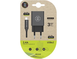 [TEC2421] CARGADOR TECH ONE TECH 2.4 DOBLE USB + CABLE BRAIDED NYLON MICRO USB ANDROID LONGITUD 1 MT COLOR NEGRO