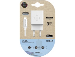 [TEC2402] CARGADOR TECH ONE TECH 2.4 DOBLE USB + CABLE BRAIDED NYLON MICRO USB APPLE LONGITUD 1 MT COLOR BLANCO