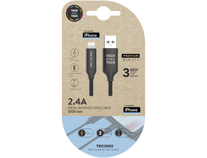 [TEC2002] CABLE USB 2.4 TECH ONE TECH BRAIDED NYLON TIPO USB APPLE MICRO USB LONGITUD 1 MT COLOR NEGRO