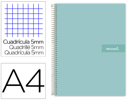 [BA91] CUADERNO ESPIRAL LIDERPAPEL A4 MICRO CRAFTY TAPA FORRADA 120H 90GR CUADRO 5MM 5 BANDAS 4 TALADROS COLOR TURQUESA