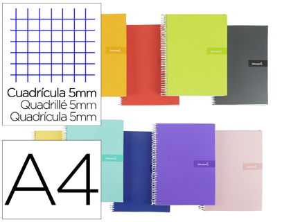 [BJ82] CUADERNO ESPIRAL LIDERPAPEL A4 CRAFTY TAPA FORRADA 80H 90 GR CUADRO 5 MM CON MARGEN COLORES SURTIDOS