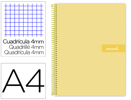 [BJ76] CUADERNO ESPIRAL LIDERPAPEL A4 CRAFTY TAPA FORRADA 80H 90 GR CUADRO 4MM CON MARGEN COLOR AMARILLO