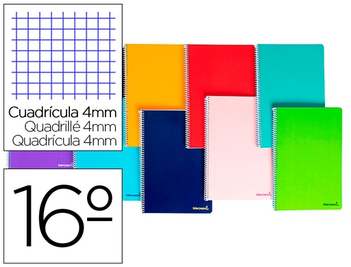 [BQ04] CUADERNO ESPIRAL LIDERPAPEL BOLSILLO DIECISEAVO SMART TAPA BLANDA 80H 60GR CUADRO 4MM COLORES SURTIDOS