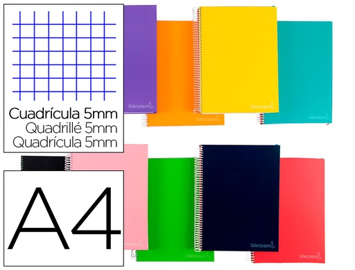 [BA01] CUADERNO ESPIRAL LIDERPAPEL A4 MICRO JOLLY TAPA FORRADA 140H 75 GR CUADRO 5MM 5 BANDAS4 TALADROS COLORES SURTIDOS