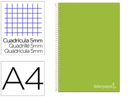 [BA96] CUADERNO ESPIRAL LIDERPAPEL A4 MICRO JOLLY TAPA FORRADA 140H 75 GR CUADRO 5MM 5 BANDAS 4 TALADROS COLOR VERDE