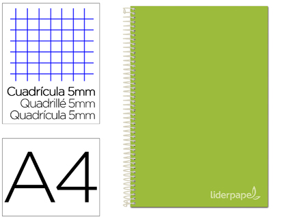 [BA96] CUADERNO ESPIRAL LIDERPAPEL A4 MICRO JOLLY TAPA FORRADA 140H 75 GR CUADRO 5MM 5 BANDAS 4 TALADROS COLOR VERDE