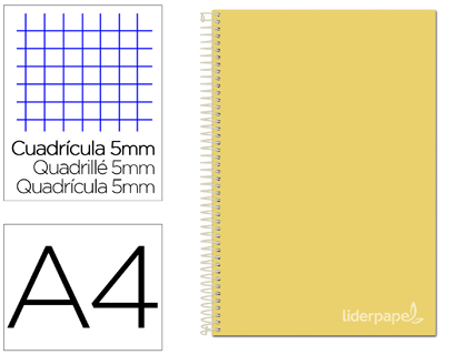 [BA95] CUADERNO ESPIRAL LIDERPAPEL A4 MICRO JOLLY TAPA FORRADA 140H 75 GR CUADRO 5MM 5 BANDAS4 TALADROS COLOR AMARILLO