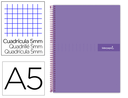 [BJ73] CUADERNO ESPIRAL LIDERPAPEL A5 MICRO CRAFTY TAPA FORRADA 120H 90 GR CUADRO 5MM 5 BANDAS6 TALADROS COLOR VIOLETA