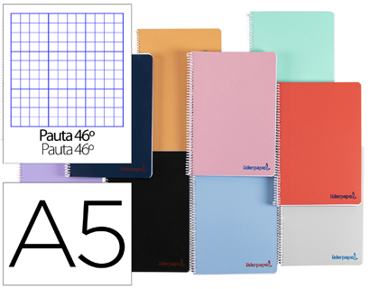 [TH55] CUADERNO ESPIRAL LIDERPAPEL A5 WONDER TAPA PLASTICO 80H 90G RAYADO Nº46 COLORES SURTIDOS