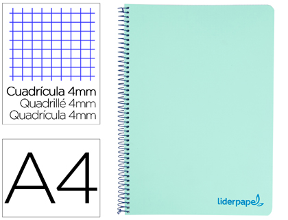 [TH03] CUADERNO ESPIRAL LIDERPAPEL A4 WONDER TAPA PLASTICO 80H 90GR CUADRO 4MM CON MARGEN COLOR VERDE PASTEL