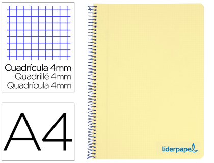 [TH04] CUADERNO ESPIRAL LIDERPAPEL A4 WONDER TAPA PLASTICO 80H 90GR CUADRO 4MM CON MARGEN COLOR AMARILLO