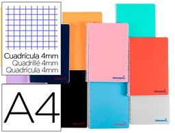 [BF27] CUADERNO ESPIRAL LIDERPAPEL A4 WONDER TAPA PLASTICO 80H 90GR CUADRO 4MM CON MARGEN COLORES SURTIDOS