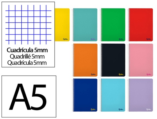[BC05] CUADERNO ESPIRAL LIDERPAPEL CUARTO SMART TAPA BLANDA 80H 75GR CUADRO 5MM CON MARGEN COLORES SURTIDOS