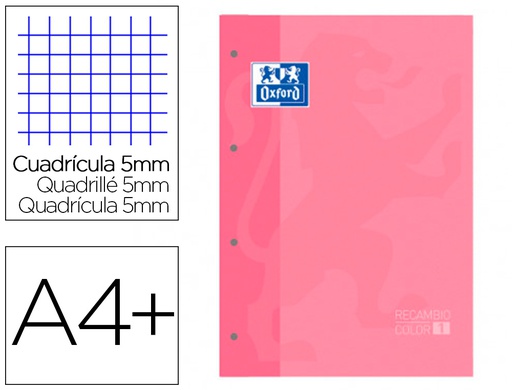 [400123681] RECAMBIO COLOR 1 OXFORD DIN A4+ 80 HOJAS 90 GR CUADRO 5 MM 4 TALADROS COLOR ROSA CHICLE