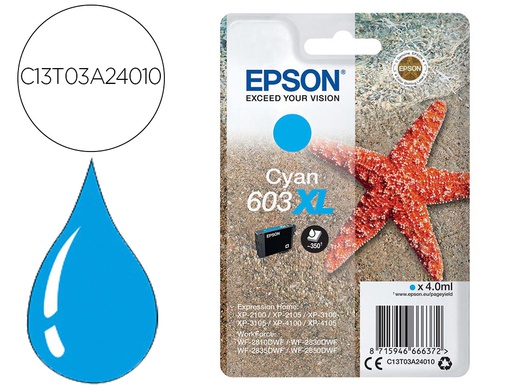 [C13T03A24010] INK-JET EPSON 603XL XP-2100 / 2105 / 3100 / 4100 / WF-2810 / 2830 / 2835 / 2850 CIAN 350 PAGINAS