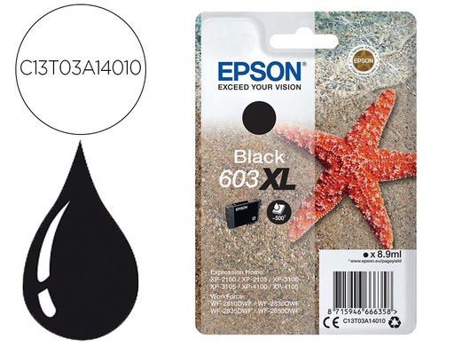 [C13T03A14010] INK-JET EPSON 603XL XP-2100 / 2105 / 3100 / 4100 / WF-2810 / 2830 / 2835 / 2850 NEGRO 500 PAGINAS