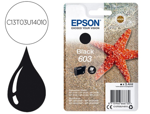 [C13T03U14010] INK-JET EPSON 603 XP-2100 / 2105 / 3100 / 4100 / WF-2810 / 2830 / 2835 / 2850 NEGRO 150 PAGINAS