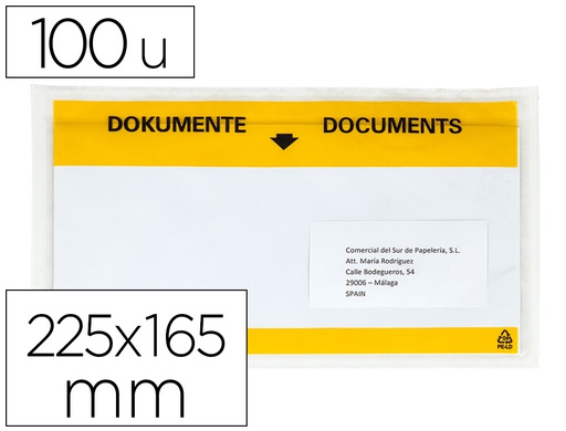 [KF11297] SOBRE AUTOADHESIVO Q-CONNECT PORTADOCUMENTOS MULTILINGUE 225X165 MM VENTANA TRANSPARENTE PAQUETE DE 100