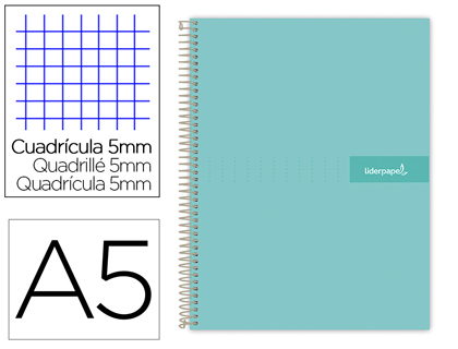 [BJ72] CUADERNO ESPIRAL LIDERPAPEL A5 MICRO CRAFTY TAPA FORRADA 120H 90 GR CUADRO 5MM 5 BANDAS6 TALADROS COLOR TURQUESA