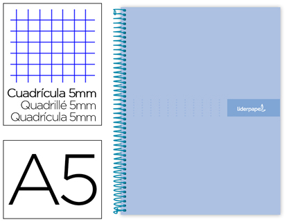 [BJ58] CUADERNO ESPIRAL LIDERPAPEL A5 MICRO CRAFTY TAPA FORRADA 120H 90 GR CUADRO 5MM 5 BANDAS6 TALADROS COLOR CELESTE