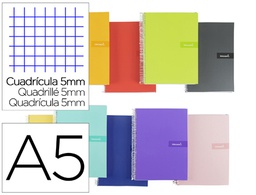 [BC80] CUADERNO ESPIRAL LIDERPAPEL A5 CRAFTY TAPA FORRADA 80H 90 GR CUADRO 5 MM CON MARGEN COLORES SURTIDOS