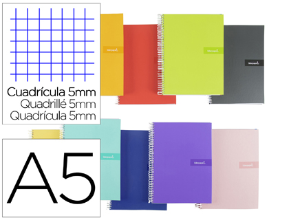 [BC80] CUADERNO ESPIRAL LIDERPAPEL A5 CRAFTY TAPA FORRADA 80H 90 GR CUADRO 5 MM CON MARGEN COLORES SURTIDOS