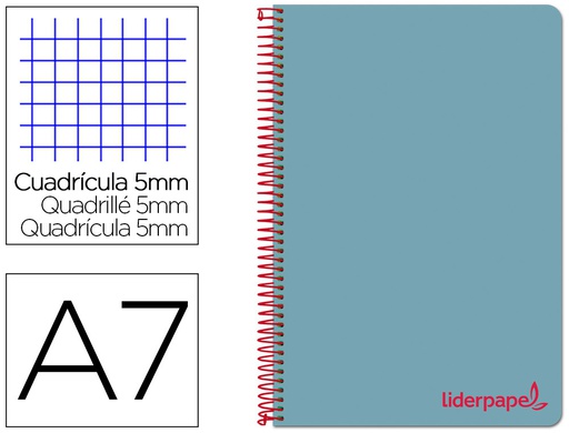 [BG04] CUADERNO ESPIRAL LIDERPAPEL A7 MICRO WONDER TAPA PLASTICO 100H 90 GR CUADRO 5MM 4 BANDAS COLOR CELESTE