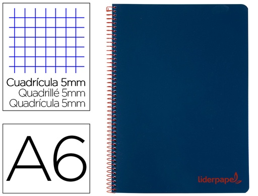 [BD28] CUADERNO ESPIRAL LIDERPAPEL A6 MICRO WONDER TAPA PLASTICO 120H 90 GR CUADRO 5MM 4 BANDAS COLOR AZUL MARINO