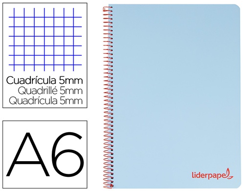 [BD10] CUADERNO ESPIRAL LIDERPAPEL A6 MICRO WONDER TAPA PLASTICO 120H 90 GR CUADRO 5MM 4 BANDAS COLOR CELESTE