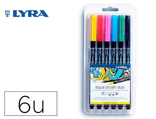 [L6521060] ROTULADOR LYRA AQUA BRUSH ACUARELABLE DOBLE PUNTA Y PINCEL TONOS PRIMARIOS BLISTER DE 6 UNIDADES