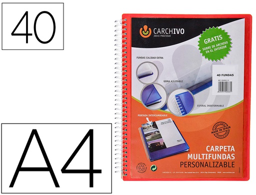 [53044053] CARPETA CARCHIVO ARCHIVEX POLIPROPILENO CANGURO ROJA ESCAPARATE CON ESPIRAL 40 FUNDAS CIERRE GOMAS DIN A4