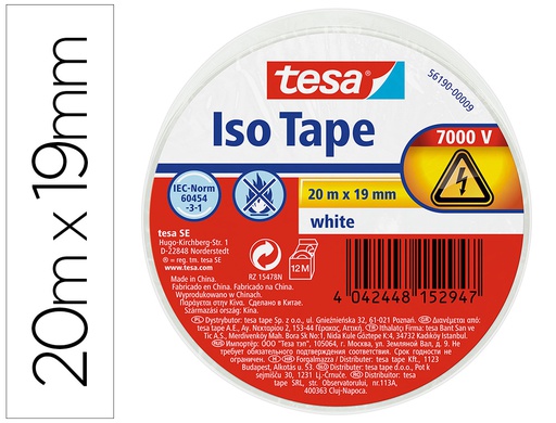 [56190-00009-22] CINTA ADHESIVA AISLANTE TESA 20 MT X 19 MM COLOR BLANCO