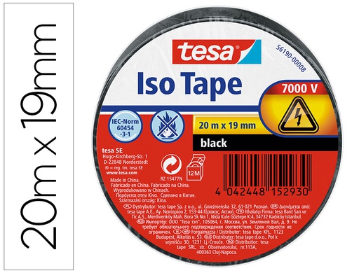 [56190-00008-22] CINTA ADHESIVA AISLANTE TESA 20 MT X 19 MM COLOR NEGRO