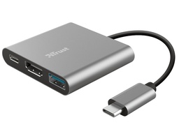 [23772] ADAPTADOR TRUST DALYX 3 EN 1 MULTIPUERTO USB-C / USB-A USB-C HDMI 2.0 COLOR ALUMINIO