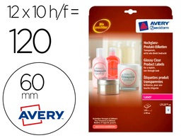 [L7127-10] ETIQUETA ADHESIVA AVERY BRILLANTE INVISIBLE REDONDA REMOVIBLE PARA IMPRESORA LASER 60 MM CAJA DE 120