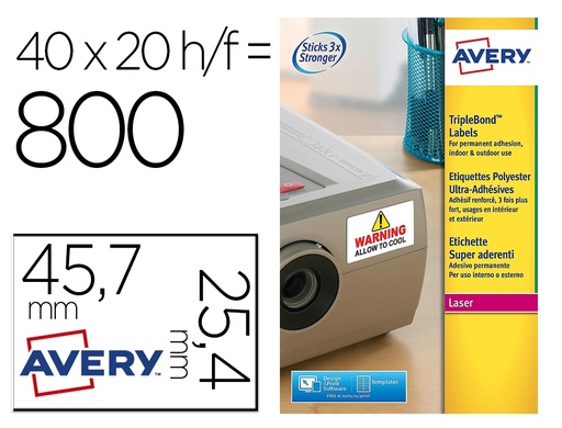 [L6140-20] ETIQUETA ADHESIVA AVERY POLIESTER SUPER ADHERENTE BLANCA 45,7X25,4 MM LASER PACK DE 800 UNIDADES