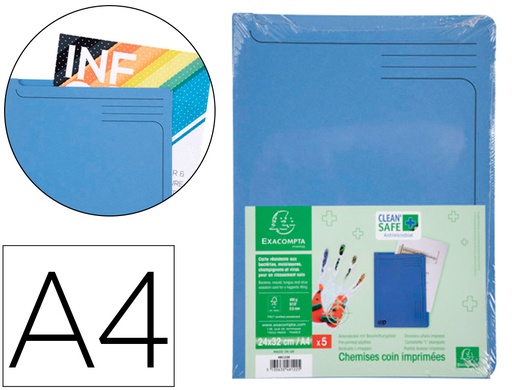 [48122E] CARPETA DOSSIER UÑERO EXACOMPTA CLEAN SAFE CARTULINA 400 GR DIN A4 AZUL PAQUETE DE 5 UNIDADES