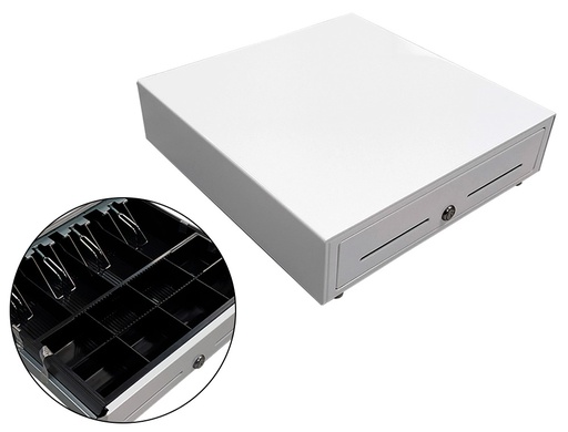 [HS410B2B] CAJON PORTAMONEDAS 8 MONEDEROS 4 BILLETEROS CON LLAVE ELECTRICO BLANCO 410X415X110MM